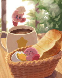 Rule 34 | :d, ^ ^, arms up, backlighting, basket, blue eyes, blush, blush stickers, bread, closed eyes, closed mouth, coffee, coffee mug, commentary, cup, eating, egg, english commentary, food, food on face, full body, hardboiled egg, highres, indoors, kirby, kirby (series), miclot, morning, mug, nintendo, no humans, open mouth, plant, red footwear, shadow, shoes, smile, star (symbol), steam, sugar cube, sunlight, table, window