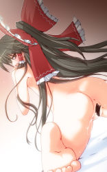 Rule 34 | 1girl, ass, bad id, bad pixiv id, barefoot, bow, censored, female focus, from behind, hair bow, hair tubes, hakurei reimu, highres, hirotake, long hair, looking back, nude, pointless censoring, pussy, solo, touhou