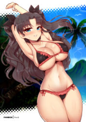 Rule 34 | 1girl, alternate breast size, arm behind head, arm up, armpits, bikini, black bikini, blue eyes, blush, breasts, brown hair, cleavage, collarbone, commentary, cowboy shot, curvy, day, english commentary, fanbox username, fate/grand order, fate (series), frilled bikini, frills, highres, huge breasts, long hair, looking at viewer, navel, outdoors, parted lips, smile, solo, swimsuit, thick thighs, thighs, tohsaka rin, two side up, underboob, virus-g