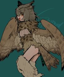 Rule 34 | 1girl, :d, artist name, brown feathers, feather hair, feathered wings, feathers, green background, harpy, highres, korean commentary, monster girl, monster girl encyclopedia, neck ruff, open mouth, owl mage (monster girl encyclopedia), simple background, smile, solo, sparrowl, tail, thighs, winged arms, wings, yellow eyes
