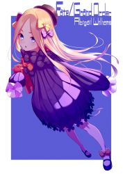 Rule 34 | 1girl, abigail williams (fate), backlighting, black bow, black dress, black footwear, black hat, blonde hair, bloomers, blue background, blue eyes, border, bow, breasts, character name, copyright name, dress, english text, fate/grand order, fate (series), forehead, hair bow, hat, highres, kuen (kuennn12), loafers, long hair, multiple hair bows, open mouth, orange bow, parted bangs, polka dot, polka dot bow, ribbed dress, shoes, sleeves past fingers, sleeves past wrists, small breasts, solo, stuffed animal, stuffed toy, teddy bear, underwear, white bloomers, white border