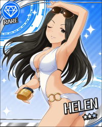 Rule 34 | 1girl, arm up, armpits, artist request, black hair, breasts, card (medium), casual one-piece swimsuit, character name, cleavage, collarbone, gem (symbol), eyewear on head, green eyes, grin, helen (idolmaster), idolmaster, idolmaster cinderella girls, long hair, looking at viewer, lotion, lotion bottle, o-ring, official art, one-piece swimsuit, one eye closed, open mouth, smile, solo, sunglasses, sunscreen, swimsuit, white one-piece swimsuit