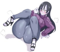 Rule 34 | 1girl, arm support, ass, ass focus, black hair, blush, breasts, closed mouth, earrings, embarrassed, facial mark, fingernails, full body, genderswap, genderswap (mtf), hair between eyes, high heels, jewelry, large breasts, lightsource, long hair, makeup, mature female, naruto, naruto (series), orochimaru (naruto), pale skin, pants, purple sweater, sandals, shadow, simple background, solo, sweater, white background, wide hips, yellow eyes
