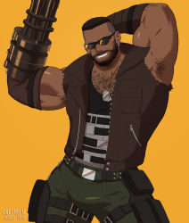 Rule 34 | 1boy, absurdres, armpit hair, arms up, artist name, barret wallace, beard, black hair, bracer, brown jacket, crestren, dark-skinned male, dark skin, dog tags, ear piercing, facial hair, final fantasy, final fantasy vii, fingerless gloves, gloves, green pants, gun, highres, jacket, jewelry, looking at viewer, machine gun, male focus, mechanical arms, muscular, necklace, pants, piercing, pocket, pouch, single mechanical arm, sleeveless, smile, standing, sunglasses, thigh strap, weapon, yellow background