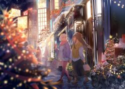 Rule 34 | 2girls, absurdres, bag, black hair, black pantyhose, black skirt, blonde hair, building, chinese commentary, christmas, christmas tree, closed eyes, closed mouth, commentary request, couple, detached sleeves, dkl (dinosaurkl2), dress shirt, hair ornament, hairclip, highres, holding hands, inoue takina, jacket, lamppost, long hair, long sleeves, looking at another, lycoris recoil, multiple girls, nishikigi chisato, one side up, open mouth, outdoors, pantyhose, people, pink pantyhose, pink scarf, purple eyes, purple jacket, scarf, shirt, shopping bag, short hair, sidelocks, skirt, smile, snow, sweater, sweater vest, white shrit, white sweater, yellow sweater vest, yuri