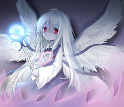 Rule 34 | 1girl, bad id, bad pixiv id, blue background, blue dress, blue theme, bow, bowtie, colored skin, dress, ellipsis (mitei), feathered wings, glowing, hair between eyes, lavender skin, long hair, looking at viewer, multiple wings, no nose, purple skin, purple theme, red eyes, sariel (touhou), seraph, simple background, smile, solo, touhou, touhou (pc-98), very long hair, wand, white hair, white wings, wide sleeves, wings