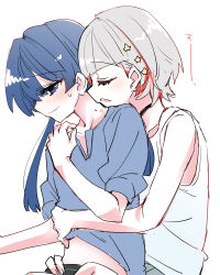 Rule 34 | 2girls, arm around waist, black choker, blue hair, blue shirt, blush, choker, closed mouth, collarbone, colored inner hair, commentary request, dark blue hair, dollchestra, grey hair, hair ornament, hickey, highres, kanduki kamibukuro, link! like! love live!, long hair, love live!, low twintails, mole, mole on neck, multicolored hair, multiple girls, murano sayaka, open mouth, red hair, shirt, short hair, short sleeves, simple background, sitting, sitting on lap, sitting on person, smile, star (symbol), star hair ornament, streaked hair, sweatdrop, tank top, translation request, twintails, upper body, virtual youtuber, white background, white tank top, yugiri tsuzuri, yuri