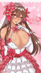 Rule 34 | 1girl, ;d, bad id, bad twitter id, bare shoulders, blush, bow, bowtie, breasts, bridal veil, brown hair, character name, cleavage, covered erect nipples, criss-cross halter, dark-skinned female, dark skin, dress, elbow gloves, finger to mouth, gloves, hair ornament, hair ribbon, hairband, halterneck, heart, heart background, heart tattoo, highres, large breasts, lolita hairband, long hair, looking at viewer, one eye closed, open mouth, original, pink eyes, red bow, red bowtie, red ribbon, ribbon, shiny skin, sidelocks, smile, solo, suzuneko (yume no kyoukai), tattoo, twitter username, upper body, veil, wedding dress, white dress, white gloves