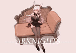 Rule 34 | 1girl, :d, absurdres, alternate breast size, animal ears, arknights, bare shoulders, black dress, black footwear, black gloves, black panties, black thighhighs, breasts, cleavage, copyright name, couch, dress, elbow gloves, full body, fur-trimmed dress, fur trim, gloves, high heels, highres, horse ears, large breasts, long hair, looking at viewer, on couch, open mouth, panties, platinum (arknights), sidelocks, silver hair, simple background, sitting, skindentation, sleeveless, sleeveless dress, smile, solo, thighhighs, underwear, user capk3588, very long hair, white background, yellow eyes