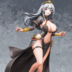 Rule 34 | 1girl, breasts, cleavage, dress, floating hair, grey dress, grey hair, halter dress, halterneck, highres, large breasts, large pectorals, long hair, midriff, minamoto80486, navel, no panties, o-ring, o-ring thigh strap, open mouth, pectorals, pointy ears, purple eyes, ringed eyes, skindentation, smile, solo, teeth, thigh strap, tiara, upper teeth only, wizardry
