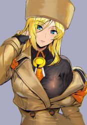Rule 34 | 1girl, ashiomi masato, breasts, fingerless gloves, fur hat, gloves, guilty gear, guilty gear strive, hat, long hair, looking at viewer, millia rage, simple background, solo, white background