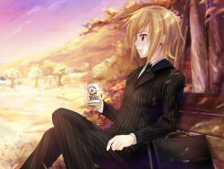 1girl androgynous artist_request beer_can bench black_necktie black_suit blonde_hair briefcase can cloud drink drink_can earrings formal_clothes game_cg grass holding holding_can holding_drink jewelry katawa_shoujo necktie non-web_source official_art on_bench open_mouth outdoors red_eyes reverse_trap satou_akira short_hair sitting sky solo suit tree wooden_bench