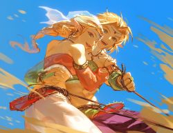 Rule 34 | 1girl, :d, arabian clothes, arm around waist, armlet, bare shoulders, blonde hair, blue eyes, blue sky, bridal gauntlets, circlet, commentary, cowboy shot, day, detached sleeves, duoj ji, earrings, english commentary, eyeshadow, gerudo set (zelda), halterneck, hand on another&#039;s shoulder, harem pants, highres, holding, holding reins, hoop earrings, jewelry, link, long hair, long pointy ears, looking to the side, makeup, midriff, nintendo, open mouth, outdoors, pants, pink lips, pointy ears, princess zelda, reins, sand, signature, sky, smile, the legend of zelda, the legend of zelda: breath of the wild, triforce earrings, veil