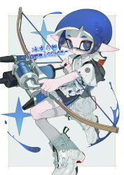 Rule 34 | 1girl, backpack, bag, black shorts, blue eyes, blue hair, blunt bangs, blush, boots, border, bow (weapon), brown pupils, buttons, closed mouth, commentary request, commission, corrupted twitter file, expressionless, glasses, grey background, hand up, highres, holding, holding bow (weapon), holding weapon, inkling, inkling girl, inkling player character, leg up, lensless glasses, looking at viewer, nintendo, outside border, outstretched hand, p-pepper, pointy ears, shirt, short eyebrows, short hair, short shorts, short sleeves, shorts, sidelocks, simple background, solo, splatoon (series), star (symbol), tentacle hair, tri-stringer (splatoon), weapon, white border, white footwear, white shirt