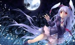 Rule 34 | 1girl, absurdly long hair, album cover, animal ears, bamboo, bamboo forest, blazer, rabbit ears, cover, extra ears, flower, forest, full moon, jacket, light purple hair, long hair, long sleeves, moon, nature, necktie, night, red eyes, reisen udongein inaba, shirt, skirt, sky, solo, star (sky), starry sky, touhou, toutenkou, very long hair, wind