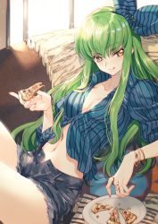 Rule 34 | 1girl, :p, blue shirt, blush, bow, bracelet, breasts, c.c., cleavage, closed mouth, code geass, collarbone, collared shirt, creayus, food, green hair, hair bow, hair ornament, indoors, jewelry, legs up, long hair, looking at viewer, medium breasts, nail polish, navel, open fly, pizza, ring, shirt, short shorts, shorts, sleeve cuffs, solo, striped clothes, striped shirt, tongue, tongue out, very long hair, yellow eyes