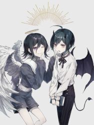Rule 34 | ahoge, alternate costume, angel and devil, angel wings, black hair, black horns, blouse, book, brown eyes, collared shirt, commentary request, danganronpa (series), danganronpa v3: killing harmony, demon horns, demon tail, demon wings, dress shirt, feathered wings, feet out of frame, finger to mouth, goto (sep), grey background, halo, hand on another&#039;s shoulder, hands up, highres, holding, holding book, horns, looking at viewer, male focus, multiple boys, oma kokichi, one eye closed, open mouth, pants, purple eyes, saihara shuichi, shirt, shirt tucked in, short hair, shorts, shushing, striped clothes, striped pants, tail, white shirt, white wings, wings