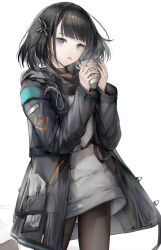 1girl :p absurdres arknights arknights:_endfield black_choker black_coat black_hair black_pantyhose blue_eyes choker coat cowboy_shot cup endministrator_(arknights) female_endministrator_(arknights) grey_sweater highres holding holding_cup long_sleeves looking_at_viewer medium_hair nopetroto object_in_pocket open_clothes open_coat open_mouth pantyhose simple_background solo sweater tongue tongue_out white_background