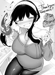 Rule 34 | 1girl, absurdres, belly, blush, breasts, cleavage, collarbone, commission, cup, drinking glass, earrings, floating hair, food, fork, greyscale, hairband, highres, holding, holding fork, jewelry, large breasts, looking at viewer, monochrome, off shoulder, open mouth, pantyhose, pixiv commission, plump, short hair with long locks, smile, solo, spy x family, terano haruma, wine glass, yor briar
