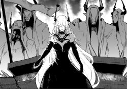 1girl 5others arknights bare_shoulders breasts character_request cleavage closed_mouth coin collarbone dancing_sarkaz_lady dress elbow_gloves flag glint gloves greyscale hair_over_eyes highres hood hood_up hooded_robe horns large_breasts long_hair monochrome multiple_others pointy_ears robe smile treasure_chest utsuke very_long_hair