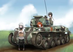 Rule 34 | 10s, 3girls, ahoge, arm support, axe, black hair, black legwear, blue eyes, braid, brown eyes, brown hair, camouflage, cloud, commentary, crossed arms, day, field, girls und panzer, glasses, hair ornament, hairclip, hatch, head tilt, headset, long hair, looking at viewer, mardjan, military, military vehicle, motor vehicle, multiple girls, open mouth, original, pantyhose, path, pigeon-toed, pleated skirt, radio antenna, road, school uniform, short hair, shovel, side braids, silver hair, sitting, skirt, sky, smile, stridsvagn m40, sweater vest, sweden, tank, uniform vest, v, weapon, worktool