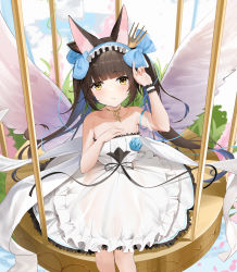 Rule 34 | animal ears, azur lane, bare arms, bare shoulders, blue bow, blunt bangs, bow, brown hair, cage, choker, closed mouth, dress, fox ears, frilled dress, frilled hairband, frills, hair bow, hairband, highres, long hair, looking at viewer, nagato (azur lane), nagato (guardian fox&#039;s procession) (azur lane), official alternate costume, qing wu, sitting, strapless, strapless dress, white dress, wings, wrist cuffs, yellow eyes