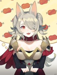 Rule 34 | 1girl, :3, absurdres, animal ear fluff, animal ears, armor, artist name, black sleeves, blush, bone-shaped pupils, boned meat, breasts, cleavage, collar, collarbone, detached sleeves, dog girl, double bun, doughnut hair bun, dress, fangs, female focus, food, fox ears, fox girl, gradient background, grey hair, hair bun, hair over one eye, hands up, happy, highres, hungry, large breasts, light blush, long hair, looking at viewer, meat, nose blush, off-shoulder dress, off shoulder, open mouth, original, red eyes, shibainu, shoulder armor, sidelocks, signature, skin fangs, smile, solo, standing, straight-on, swept bangs, symbol-shaped pupils, thought bubble, two-tone background, upper body, white background, yellow background