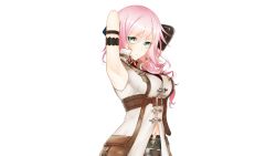 Rule 34 | 1girl, apt, armpits, arms behind head, arms up, bad id, bad pixiv id, final fantasy, final fantasy xiii, green eyes, highres, lightning farron, navel, pink hair, simple background, solo, standing, wallpaper, white background