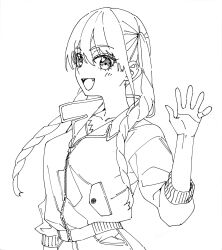 Rule 34 | 1girl, absurdres, alternate hairstyle, casual, curly hair, fangs, greyscale, highres, hiroyuki, hoshizaki rika (kanojo mo kanojo), jacket, kanojo mo kanojo, looking at viewer, monochrome, open mouth, smile, solo, twintails, upper body, waving, white background, zipper