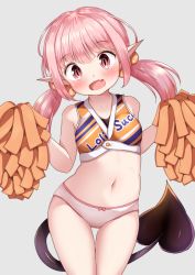 Rule 34 | 1girl, :d, bare shoulders, blush, bow, bow panties, breasts, cheerleader, clothes writing, crop top, demon girl, demon tail, fang, grey background, hair between eyes, hair bow, head tilt, highres, holding, long hair, looking at viewer, mochiyuki, navel, no pants, open mouth, orange bow, orange shirt, original, panties, pink hair, pointy ears, polka dot, polka dot bow, pom pom (cheerleading), red eyes, shirt, simple background, sleeveless, sleeveless shirt, small breasts, smile, solo, stomach, tail, thigh gap, twintails, underwear, white panties
