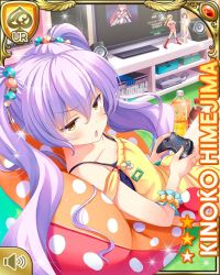 Rule 34 | 1girl, card (medium), character name, controller, day, food-themed hair ornament, game console, game controller, girlfriend (kari), hair ornament, himejima kinoko, indoors, long hair, mushroom, official art, open mouth, overalls, pink shirt, purple hair, qp:flapper, shirt, short sleeves, shorts, sitting, skirt, solo, tagme, tired, twintails, very long hair, yellow eyes