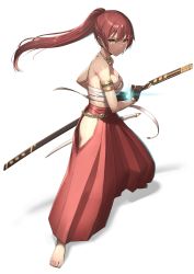 Rule 34 | 1girl, absurdres, armlet, bare shoulders, barefoot, breasts, brown eyes, brown gloves, cleavage, commission, dungeon and fighter, duplicate, feet, fighting stance, full body, glint, gloves, hakama, hakama skirt, hand on hilt, high ponytail, highres, hip vent, ichihachiyon, japanese clothes, jewelry, medium breasts, midriff, necklace, ootachi, pixiv commission, ponytail, red hair, red skirt, sarashi, sheath, simple background, skindentation, skirt, solo, standing, sweat, toes, transparent background, unsheathing
