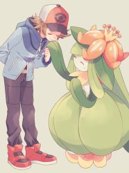 Rule 34 | 1boy, baseball cap, blue jacket, brown hair, brown pants, closed eyes, closed mouth, commentary request, creatures (company), game freak, gen 5 pokemon, hand grab, hat, highres, hilbert (pokemon), jacket, komasawa (fmn-ppp), lilligant, long sleeves, male focus, nintendo, pants, pokemon, pokemon (creature), pokemon bw, red footwear, shoes, smile, standing, zipper pull tab