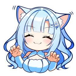 Rule 34 | 1girl, :3, animal ears, blue hair, blunt bangs, blush, breasts, cat ears, chibi, claw pose, cleavage cutout, closed eyes, closed mouth, clothing cutout, commentary request, cropped torso, ear wiggle, hair ornament, hands up, highres, kemonomimi mode, large breasts, long hair, long sleeves, luck (luck niconico), shoulder cutout, simple background, smile, solo, upper body, voicevox, white background, whitecul