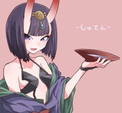 Rule 34 | 1girl, absurdres, alcohol, bare shoulders, blush, bob cut, breasts, character name, collarbone, cup, eyeliner, fangs, fate/grand order, fate (series), headpiece, highres, horns, japanese clothes, jipponwazaari, kimono, long sleeves, looking at viewer, makeup, off shoulder, oni, open mouth, pink background, purple eyes, purple hair, purple kimono, revealing clothes, sakazuki, sake, short eyebrows, short hair, shuten douji (fate), simple background, skin-covered horns, small breasts, smile, solo, wide sleeves