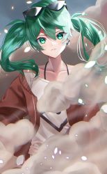 Rule 34 | 1girl, absurdres, aqua eyes, aqua hair, closed mouth, eyewear on head, glowing, glowing petals, hand on own hip, hatsune miku, highres, looking at viewer, petals, solo, suna no wakusei (vocaloid), sunglasses, twintails, upper body, vocaloid, yuuyu (moco20111115)