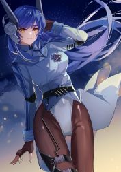 Rule 34 | 1girl, absurdres, arm behind head, black gloves, black pantyhose, blue bow, blue bowtie, blue hair, blue jacket, blue shirt, bow, bowtie, breasts, closed mouth, commentary, elbow pads, feet out of frame, fingerless gloves, from below, girls&#039; frontline, gloves, highres, jacket, leotard, light blush, lips, long hair, long sleeves, looking at viewer, mechanical ears, medium breasts, orange eyes, pantyhose, shirt, sky, smile, solo, standing, star (sky), starry sky, tar-21 (girls&#039; frontline), teizen (niwamaee), thighs, white leotard