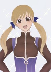 Rule 34 | 1girl, blonde hair, blue eyes, breasts, dress, long hair, looking at viewer, open mouth, ribbon, simple background, small breasts, smile, solo, star ocean, star ocean till the end of time, twintails, weave, welch vineyard
