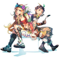 Rule 34 | 1boy, 1girl, alternate costume, bare shoulders, blonde hair, blush, breasts, brown hair, cleavage, earrings, feather hair ornament, feathers, geetgeet, gloves, hair ornament, headband, holding hands, jewelry, large breasts, long hair, looking at viewer, mythra (xenoblade), nintendo, pointy ears, rex (xenoblade), sandals, short hair, simple background, smile, white background, xenoblade chronicles (series), xenoblade chronicles 2, yellow eyes