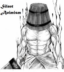 Rule 34 | 1boy, abs, bucket, cosplay, helmet, kisume, kisume (cosplay), lowres, male focus, monochrome, muscular, object on head, pyramid head, silent hill, silent hill (series), solo, sword, topless male, touhou, weapon, white background