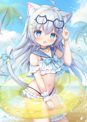 Rule 34 | 1girl, :d, animal ears, aqua eyes, bikini, blue eyes, cat-shaped eyewear, cat ears, cat tail, character request, commission, fang, grey hair, heterochromia, highres, indie virtual youtuber, open mouth, outdoors, skeb commission, skin fang, smile, swimsuit, tail, virtual youtuber, yuduki pdx