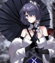 Rule 34 | 1girl, arknights, bare shoulders, black gloves, blue sealad, commentary, elbow gloves, eyepatch, feather boa, gloves, hair over one eye, highres, holding, holding umbrella, long hair, looking at viewer, medical eyepatch, official alternate costume, oil-paper umbrella, parted lips, purple eyes, purple hair, solo, umbrella, upper body, whisperain (arknights), whisperain (tremble cold) (arknights)