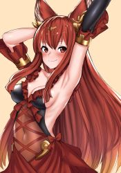 Rule 34 | 10s, 1girl, animal ears, anthuria, arm up, armpits, blush, breasts, brown eyes, brown hair, cleavage, elbow gloves, erune, gloves, granblue fantasy, hakuduki18, highres, long hair, medium breasts, navel, see-through, smile, solo