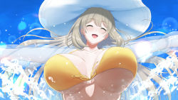 Rule 34 | 1girl, artist name, bikini, blue archive, bouncing breasts, breasts, closed eyes, front-tie bikini top, front-tie top, glint, hat, highres, jacket, large breasts, light brown hair, long hair, nonomi (blue archive), nonomi (swimsuit) (blue archive), official alternate costume, open mouth, outstretched arms, see-through, see-through jacket, sky, solo, splashing, spread arms, sun hat, swimsuit, tono munekage, very long hair, yellow bikini