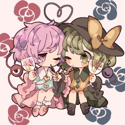 Rule 34 | 2girls, black footwear, black headwear, blouse, blue shirt, blush stickers, boots, bow, buttons, chibi, commentary, cup, diamond button, drinking glass, feeding, floral background, food, frilled sleeves, frills, full body, green eyes, green hair, green skirt, hat, hat bow, heart, heart button, heart of string, highres, holding, holding cup, holding food, holding pocky, jitome, komeiji koishi, komeiji satori, long sleeves, looking at another, medium hair, multiple girls, nako7575ko, one eye closed, pink eyes, pink footwear, pink hair, pink skirt, pocky, pocky day, shirt, short hair, siblings, simple background, sisters, skirt, slippers, socks, third eye, touhou, white socks, wide sleeves, yellow bow, yellow shirt