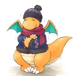 Rule 34 | beanie, blue hat, blue jacket, claws, clothed pokemon, cold, commentary request, creatures (company), dragonite, game freak, gen 1 pokemon, hat, highres, jacket, long sleeves, nintendo, no humans, pigeon-toed, pokemon, pokemon (creature), purple scarf, ryusei0402, scarf, solo, standing, trembling, white background