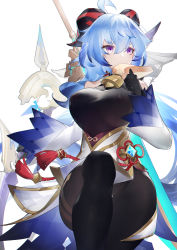 Rule 34 | 1girl, absurdres, ahoge, bare shoulders, black gloves, blue hair, bodystocking, bow (weapon), breasts, cowbell, cowboy shot, detached sleeves, ganyu (genshin impact), genshin impact, gloves, goat horns, gold trim, highres, horns, knee up, large breasts, long hair, long sleeves, looking away, low ponytail, pelvic curtain, purple eyes, simple background, solo, tassel, thighs, very long hair, waist cape, weapon, white background, yushe quetzalli