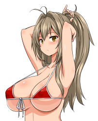 Rule 34 | 10s, 1girl, amagi brilliant park, antenna hair, armpits, bikini, breasts, brown eyes, brown hair, bunching hair, covered erect nipples, female focus, front-tie top, frown, hairdressing, huge breasts, large breasts, long hair, looking at viewer, micro bikini, ponytail, sento isuzu, simple background, solo, strap gap, swimsuit, white background, zaxwu