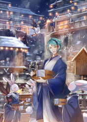 3boys 6+others architecture azul_ashengrotto blue_hair chinese_zodiac east_asian_architecture floyd_leech furry grey_eyes grey_kimono heterochromia highres holding jade_leech japanese_clothes jumping kimono mitsunari_miyako multiple_boys multiple_others new_year onsen outdoors rabbit short_hair standing steam twisted_wonderland water waterfall year_of_the_rabbit yellow_eyes