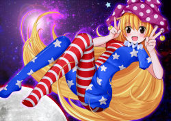 Rule 34 | 1girl, american flag dress, american flag legwear, bakko, blush, clownpiece, double v, full body, hat, jester cap, long hair, looking at viewer, moon, open mouth, pantyhose, print pantyhose, shirt, short sleeves, smile, solo, star-shaped pupils, star (symbol), striped clothes, striped pantyhose, symbol-shaped pupils, touhou, v, very long hair